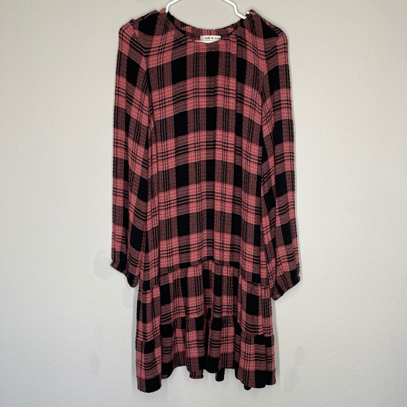 Anthropologie Cloth & Stone Women's Mini Dress Size L Plaid Pink Boho Peasant - Picture 1 of 9